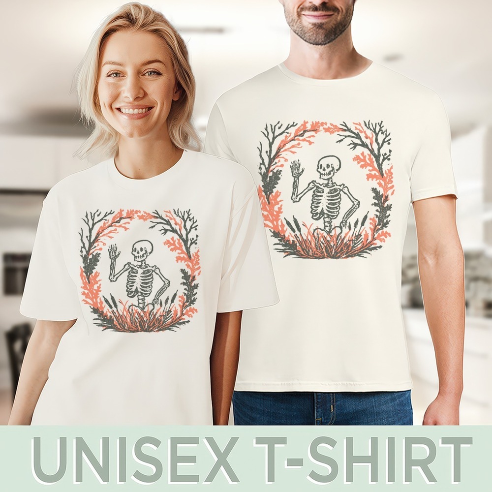 Waving Skeleton Linocut Style Graphic Tee - Picture 4 of 5